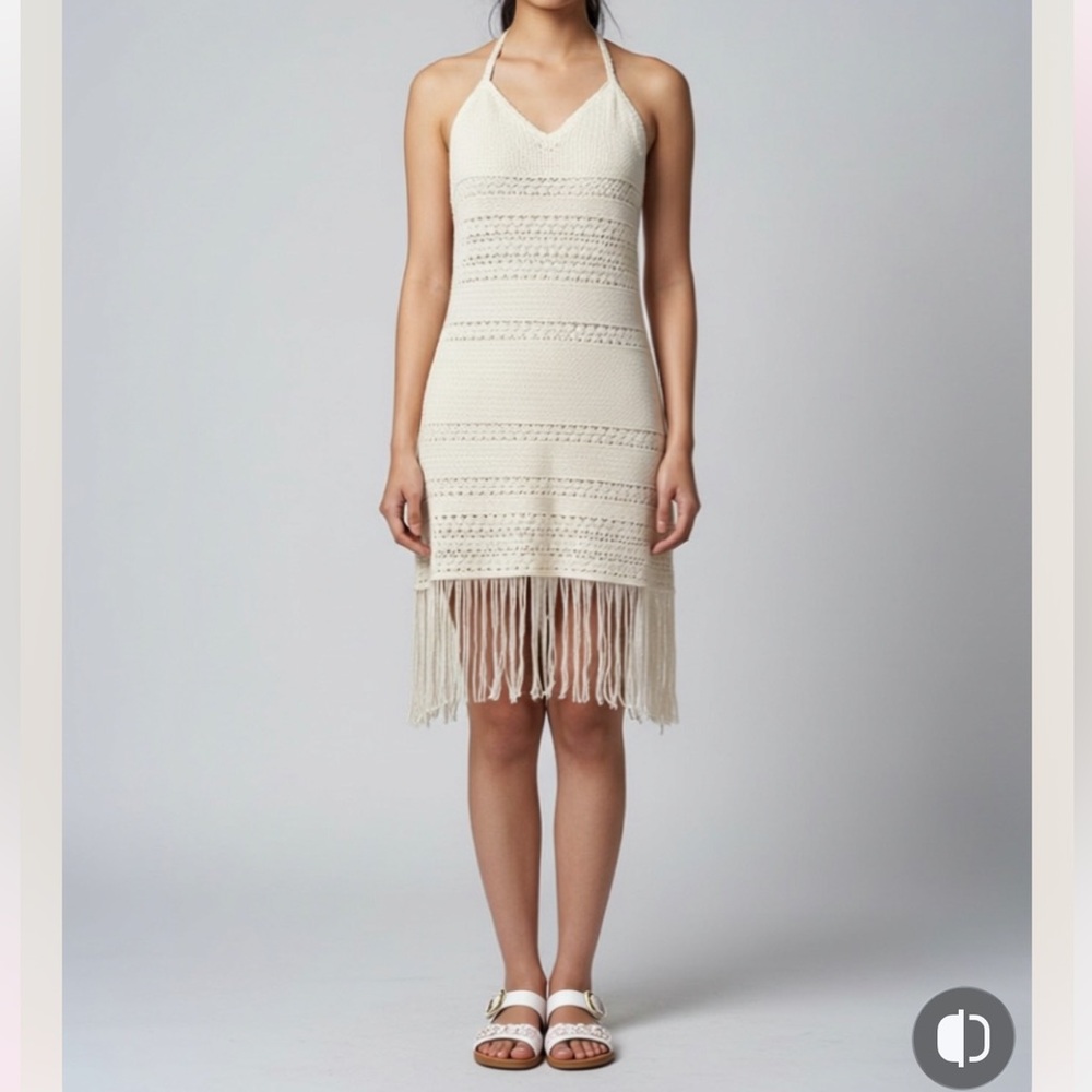 Ralph Lauren Cream Crochet Halter Fringe Mini Dress